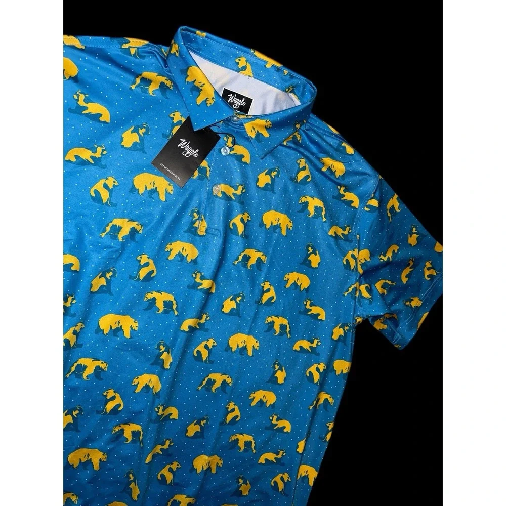 Waggle Polo Mens 2XL Blue You're Golden Bear Print Golf Performance Shirt NWT - Picture 2 of 8